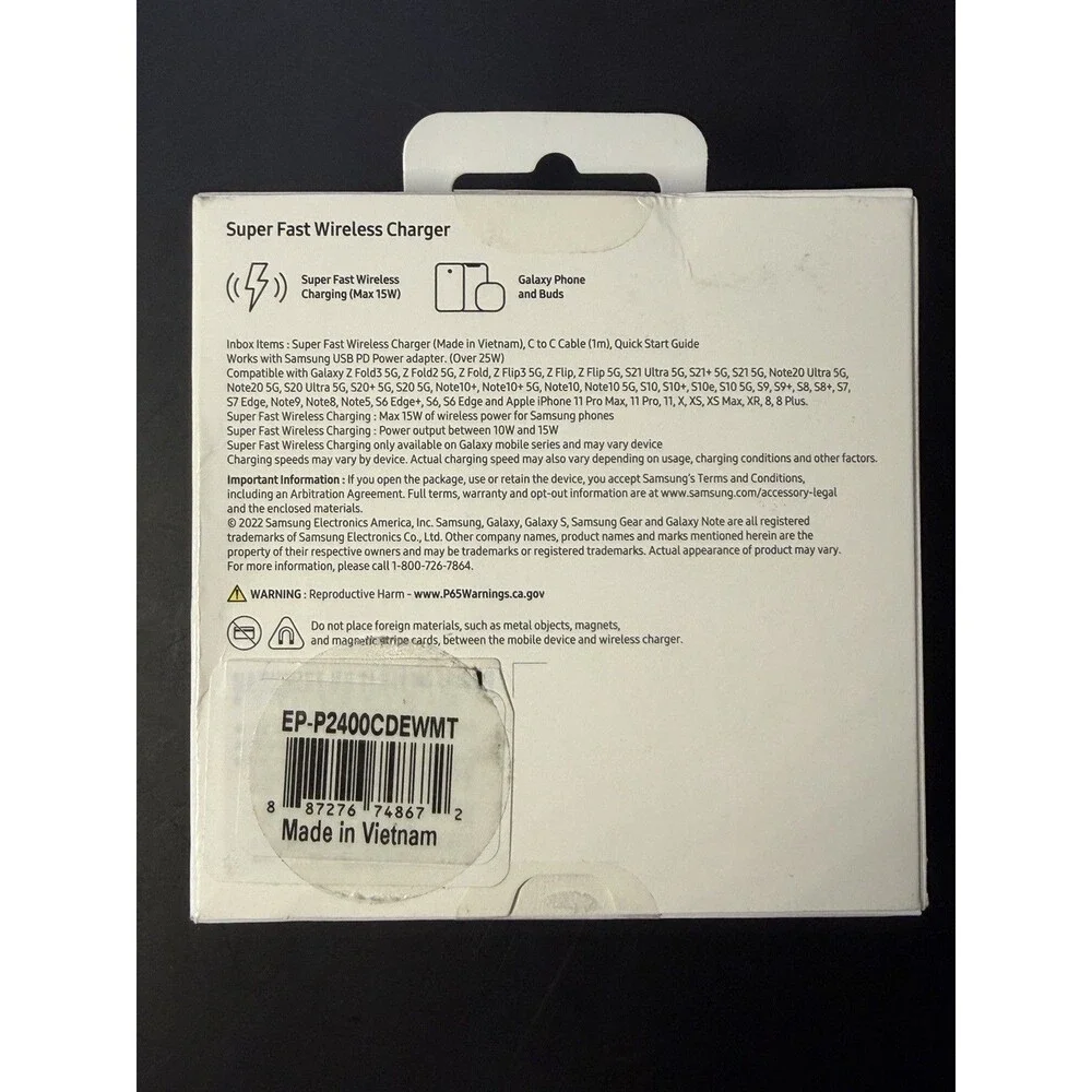 Samsung Super Fast Wireless Charger EP-P2400DEWMT 15W Pad USB-C Phone Buds Black